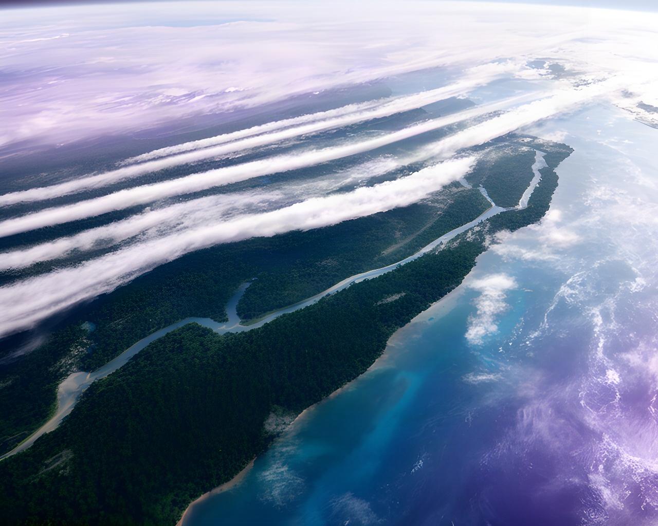 Vista satellitare delle fasce nuvolose sopra l'equatore e le foreste tropicali