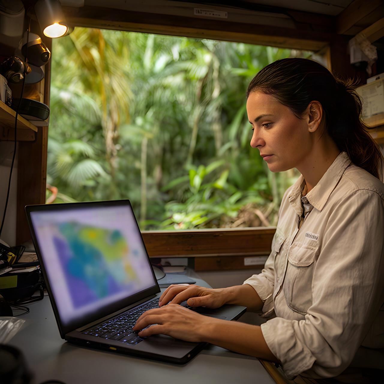Ricercatrice che analizza dati geografici su un computer portatile in una stazione di ricerca equatoriale