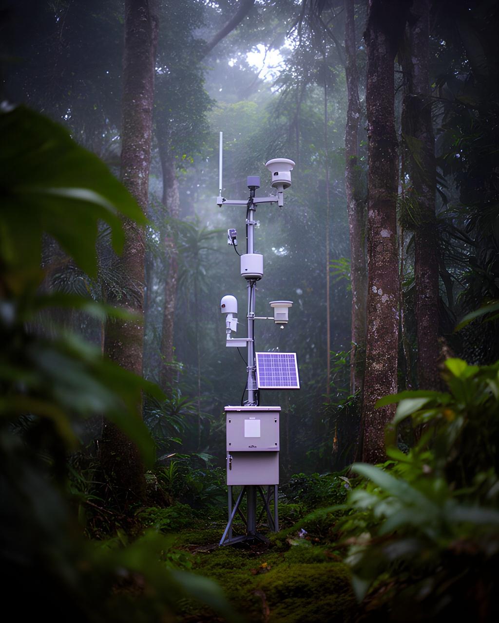 Stazione meteorologica tra alberi tropicali con strumenti per temperatura e umidità