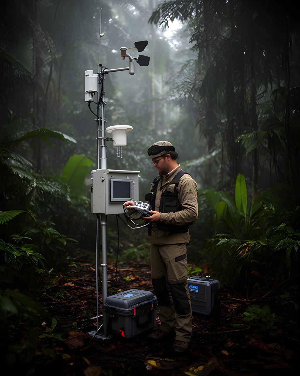 Ricercatrice con strumentazione meteorologica davanti a una stazione di rilevamento nella foresta tropicale