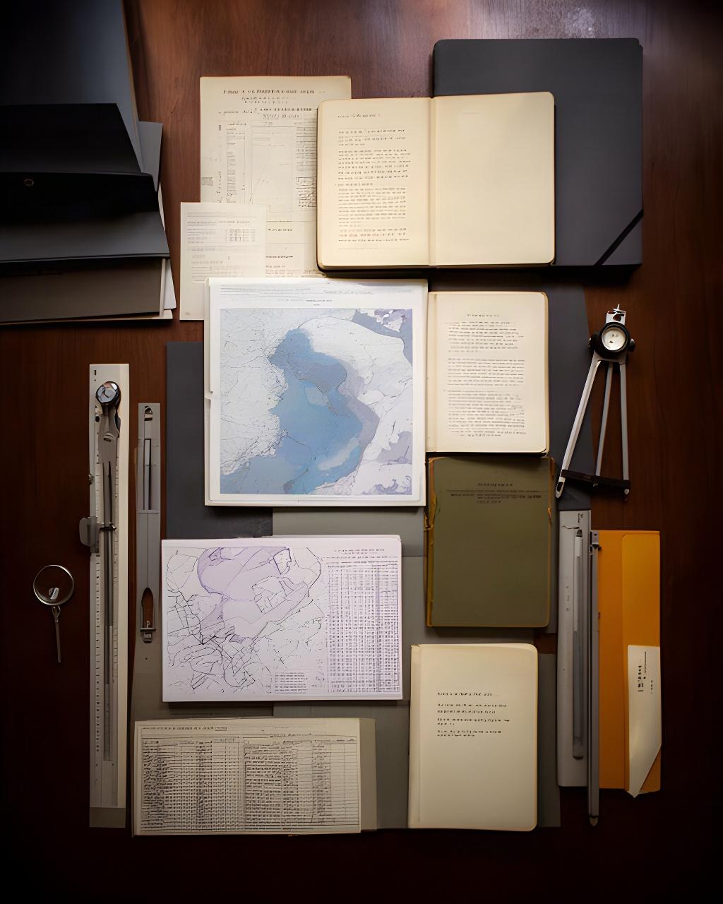 Archivio di mappe climatiche e quaderni di ricerca organizzati su un tavolo scuro
