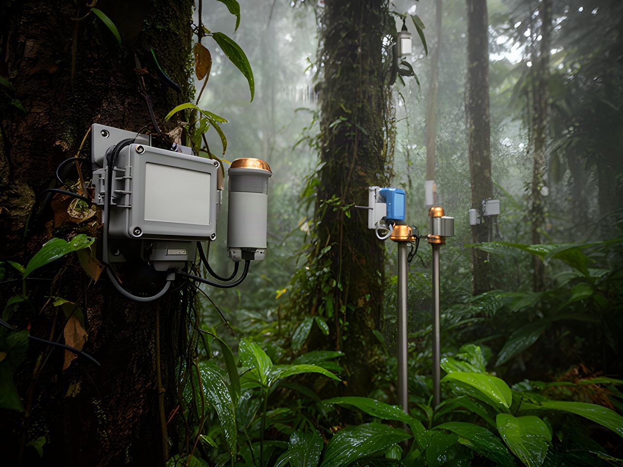 Strumenti per misurare temperatura e umidità installati tra gli alberi di una foresta equatoriale
