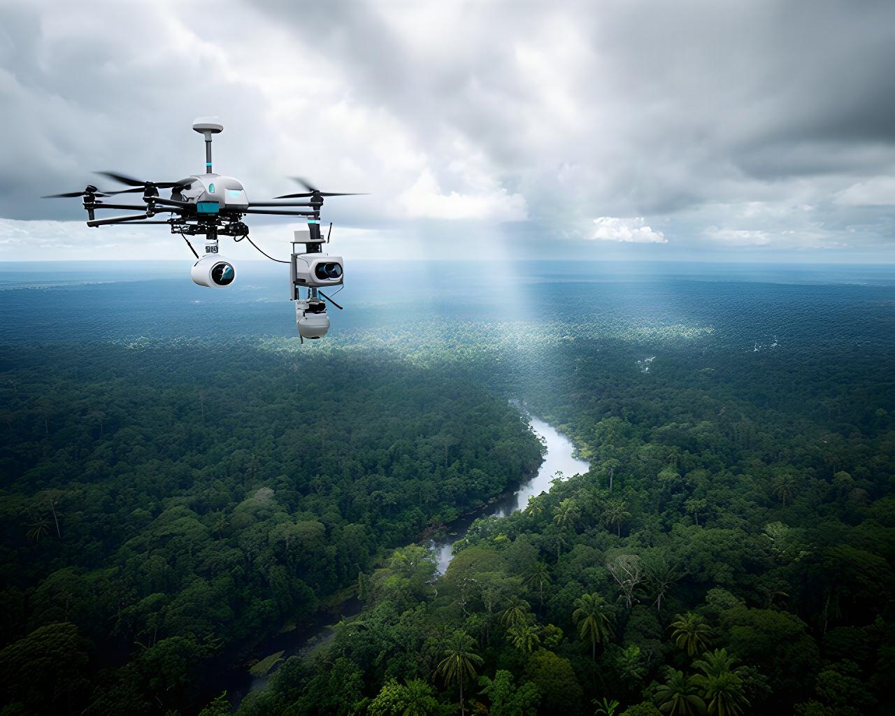 Drone sopra una foresta tropicale con sensori climatici e copertura nuvolosa visibili dall'alto