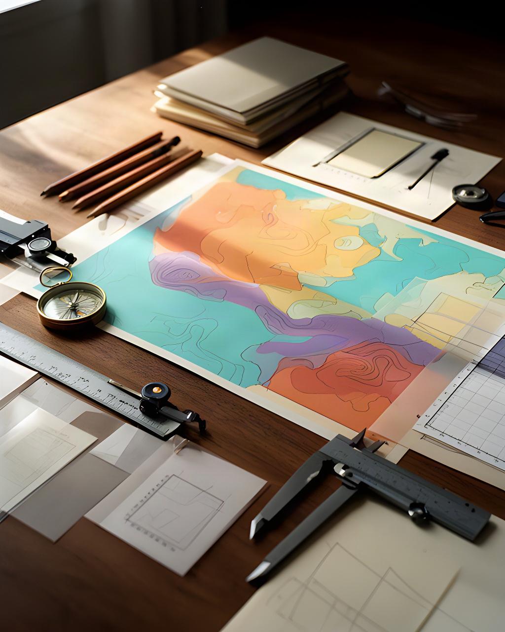 Carta geografica colorata e strumenti di misurazione su un tavolo di ricerca